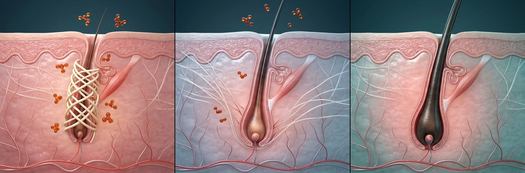 Conceptual illustration of a dormant, miniaturised hair follicle surrounded by dense collagen fibres and symbolic DHT molecules.