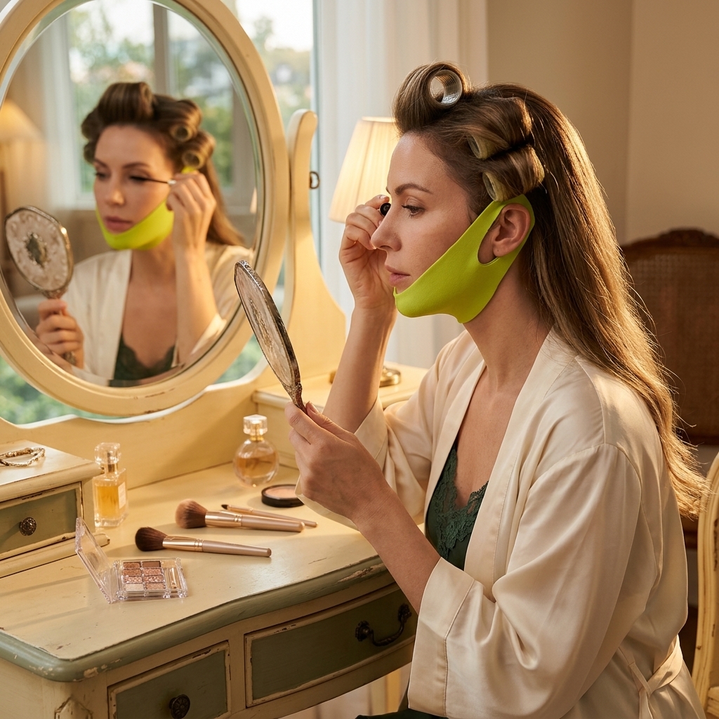 Woman doing her makeup while wearing the Lumiere band
