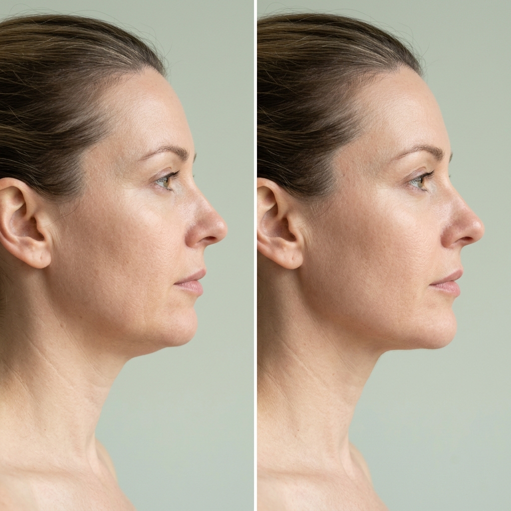 Before and 30 minutes after, side profile of the jawline