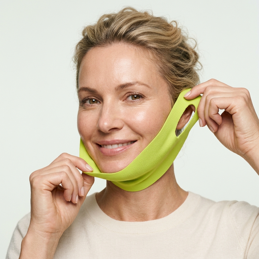 Woman putting on the lime-green Lumiere jawline band