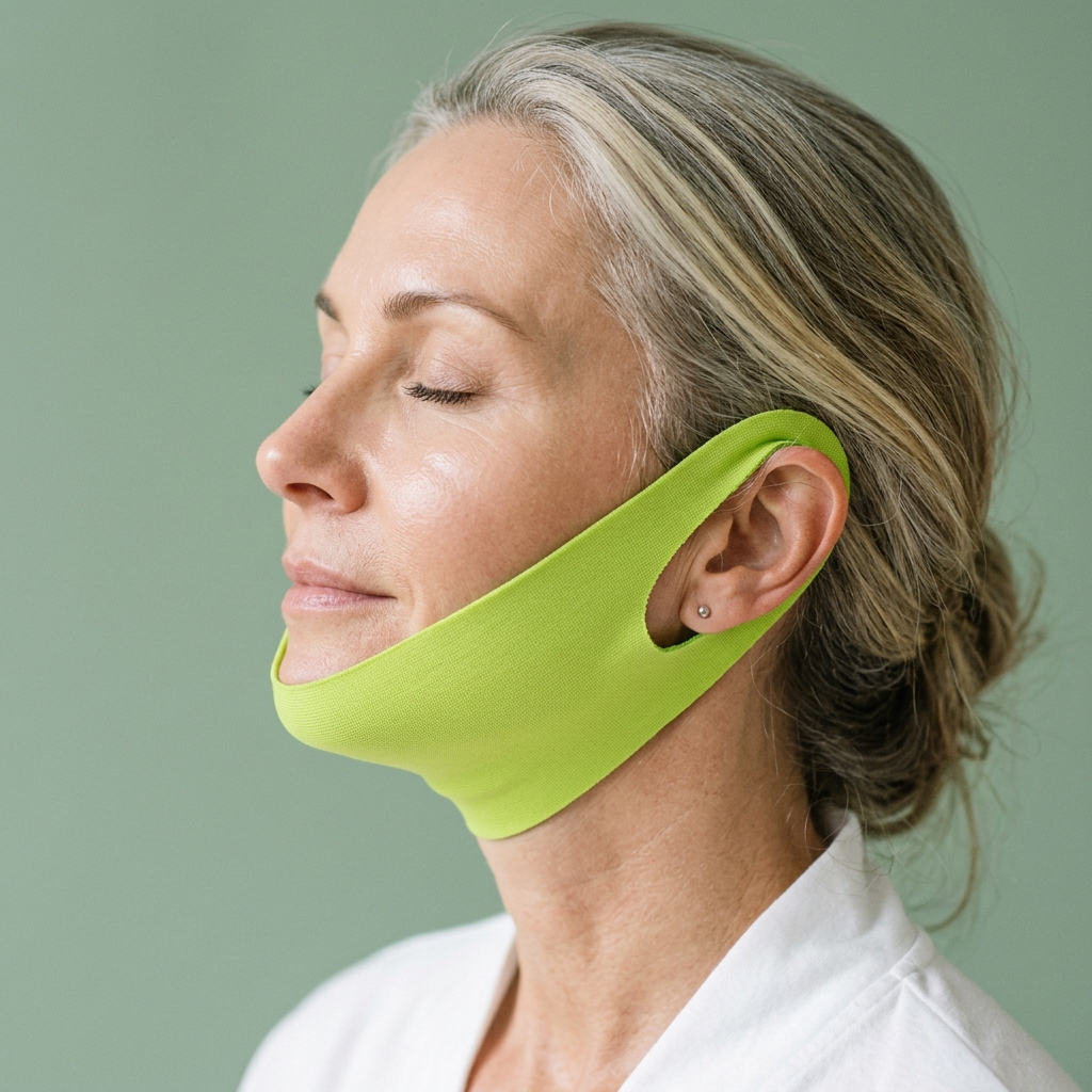 Woman relaxing while wearing the Lumiere jawline band